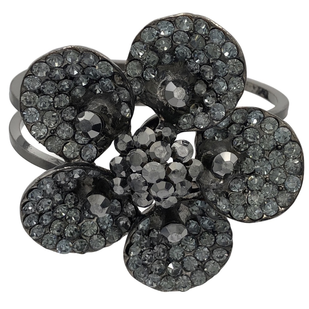 Large Hematite Grey Gun Metal Rhinestone Daisy Flower Hinged Bangle Bracelet